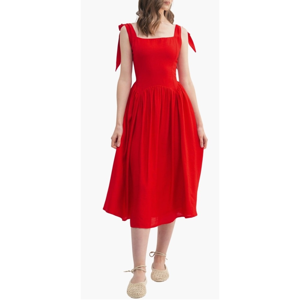 Lush Womens Red Smocked Tie Strap Sleeveless Square Neck Midi Sundress L